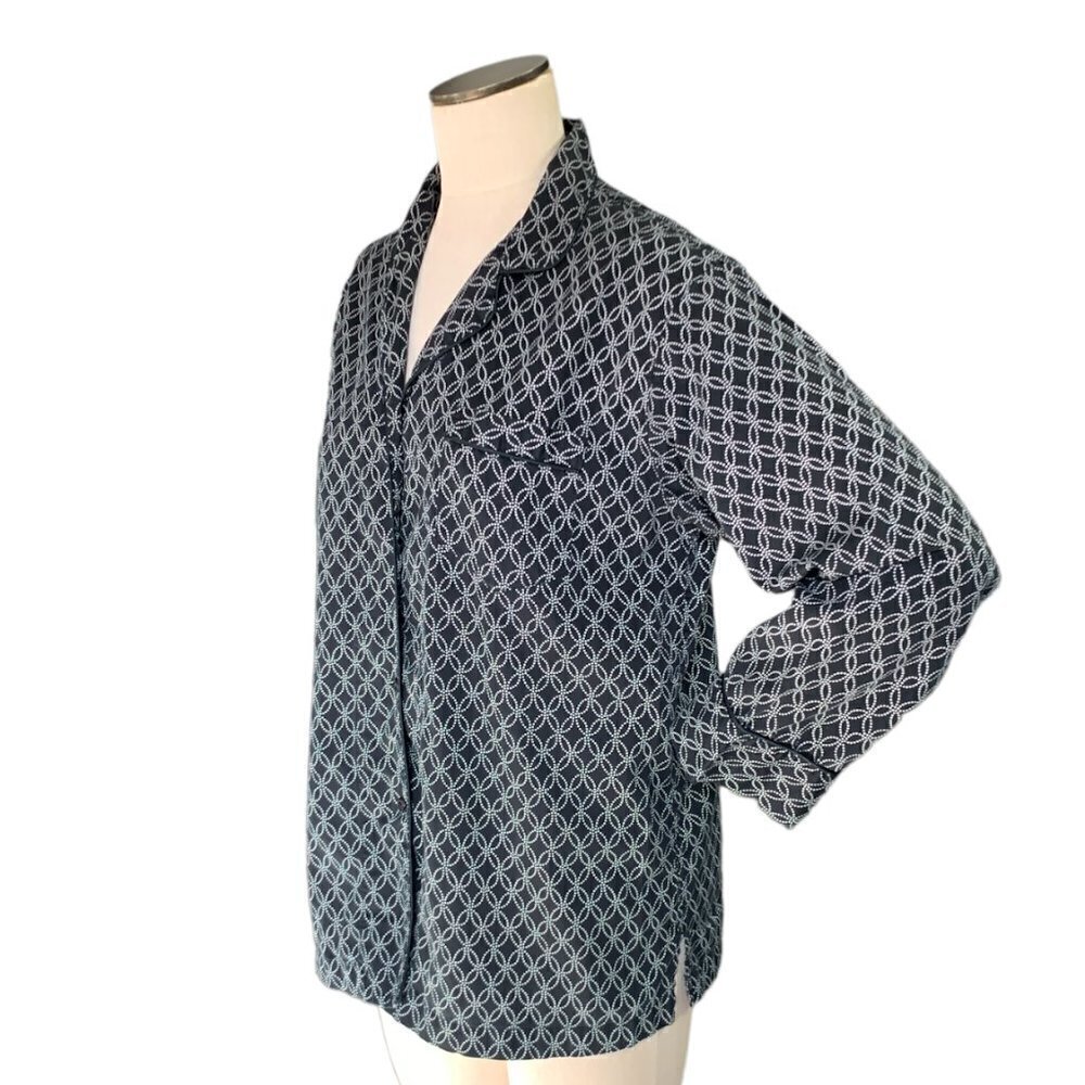 I. Magnin Cotton Button Down‎ Top Sz M Black & White #94B